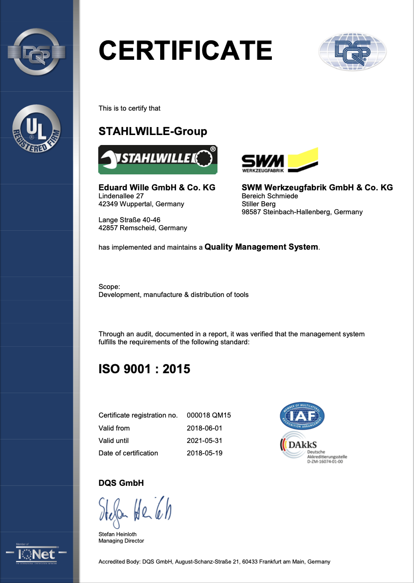 STAHLWILLE ISO Certificate